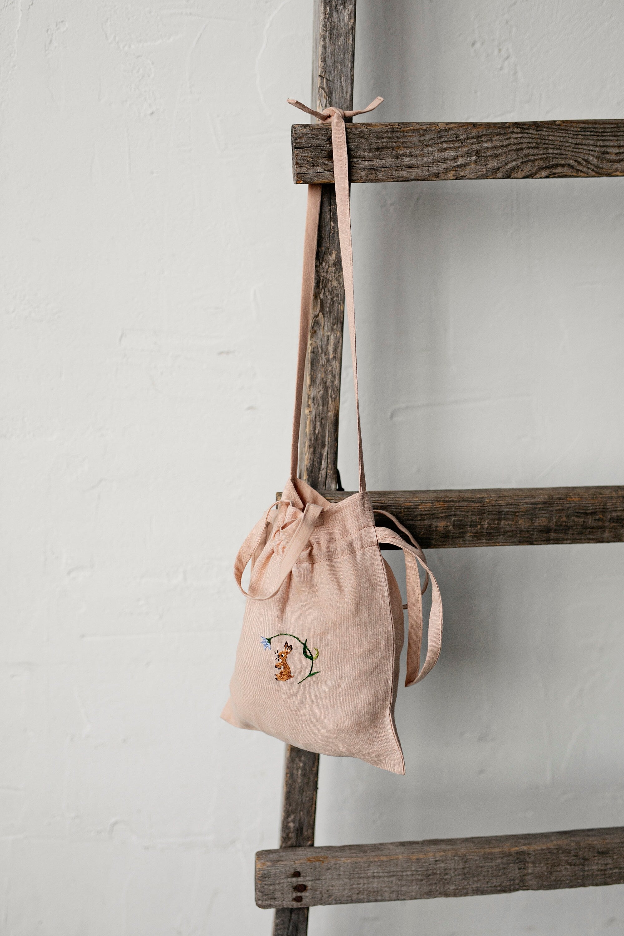 Rabbit and Flower Crossbody Linen Bag with Handles