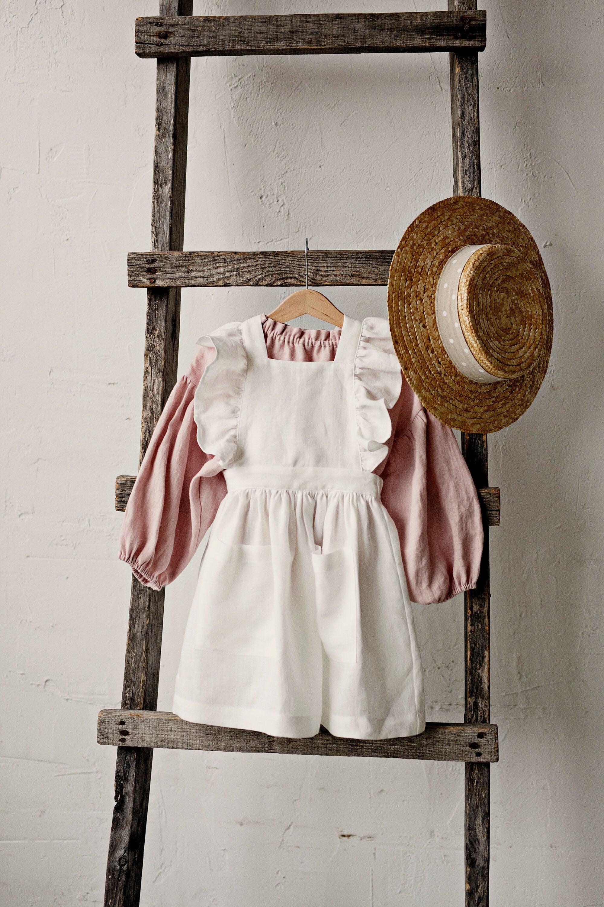 White Cross Back Linen Pinafore with Wings