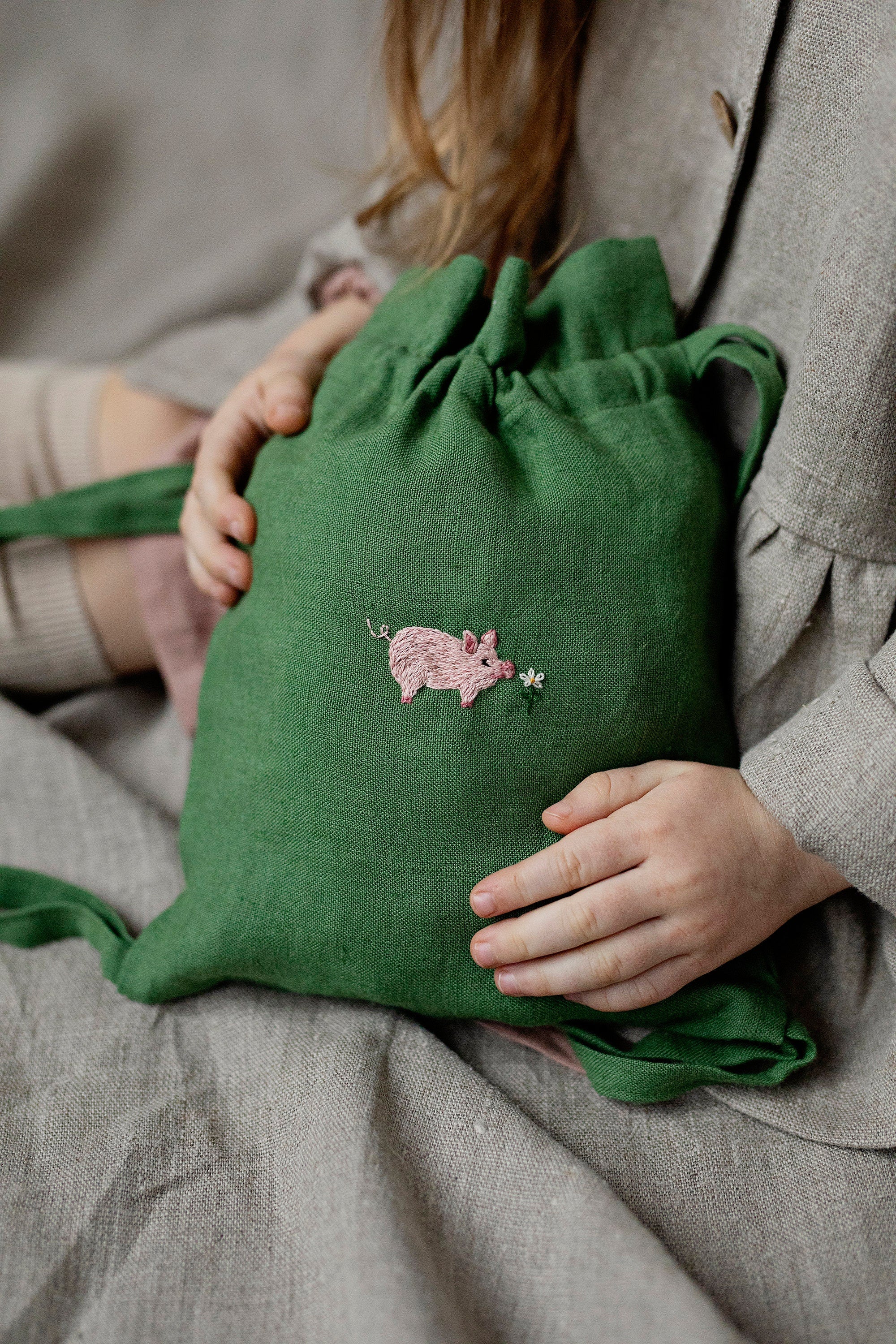 Pig and Flower Linen Backpack