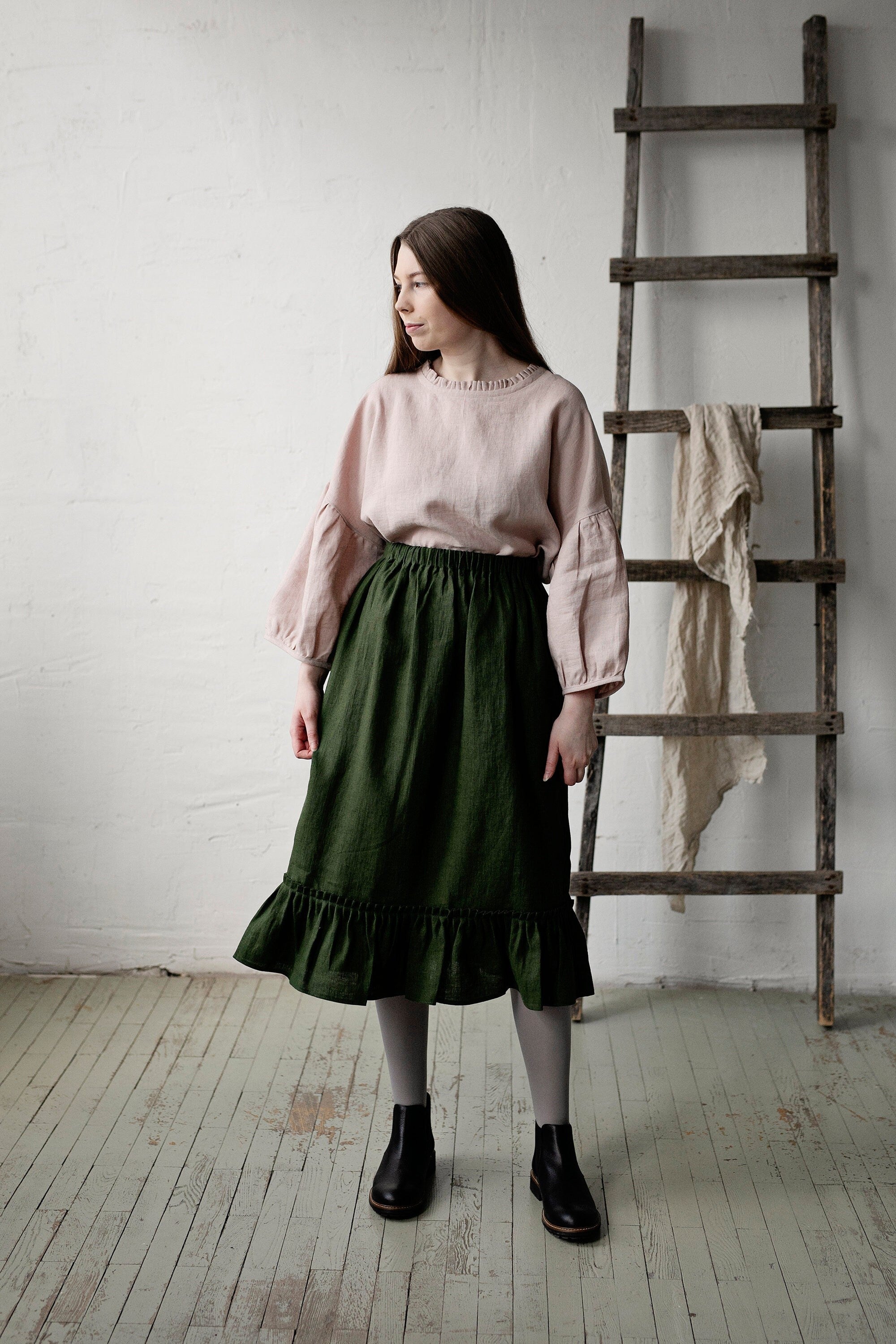Forest Green Victorian Linen Skirt