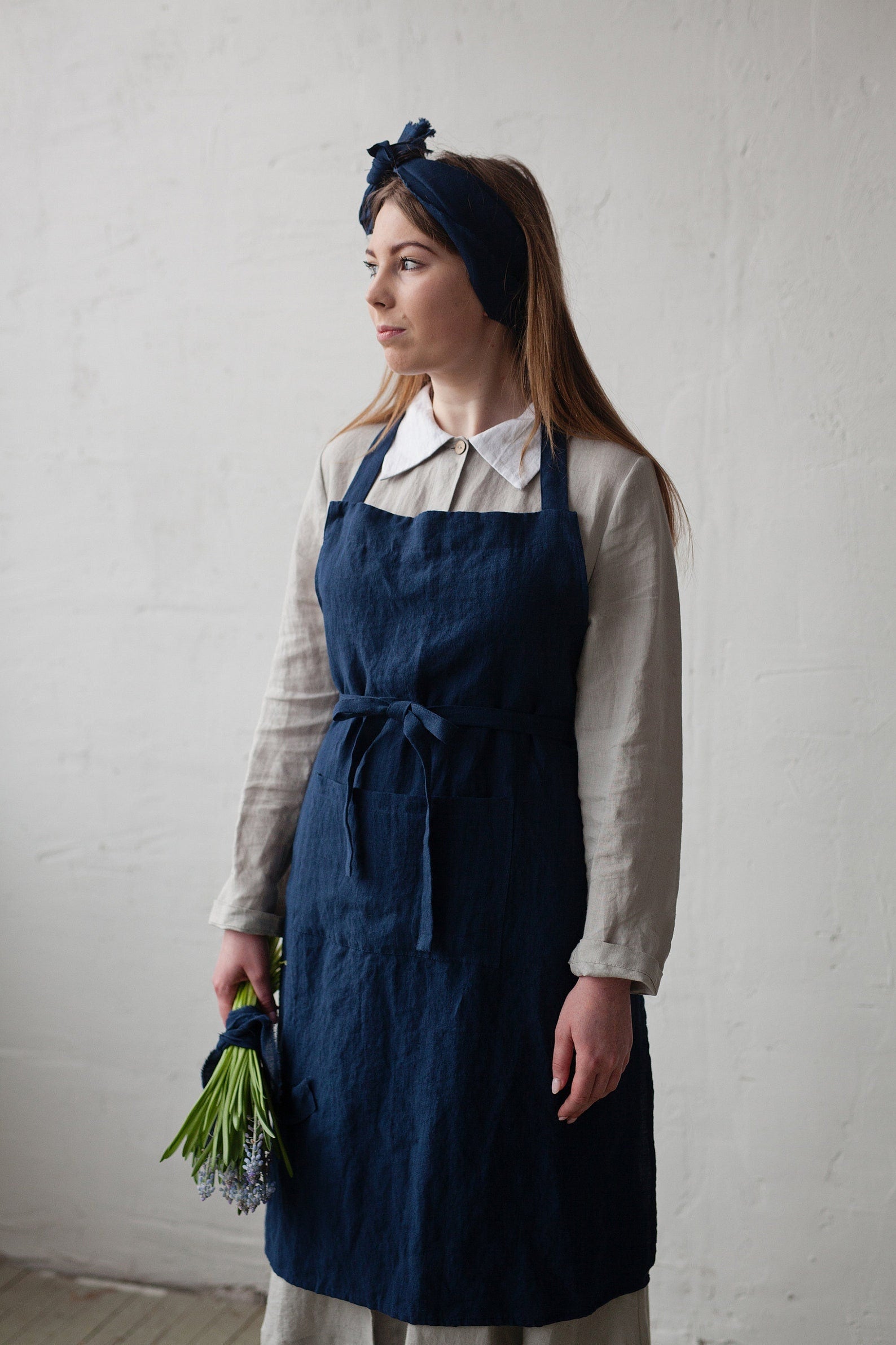 Navy Blue Traditional Linen Apron