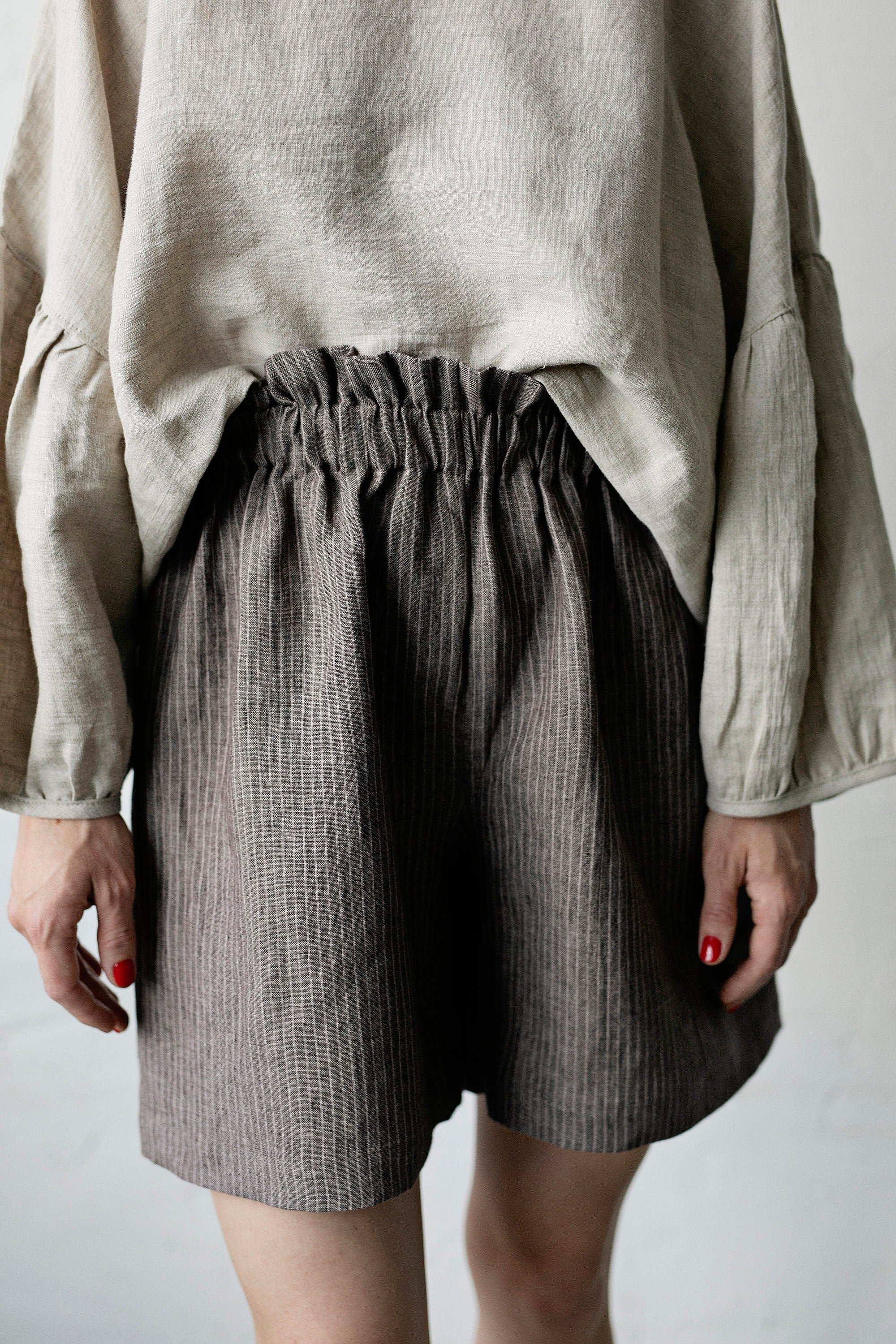 Brown Stripe Linen Shorts
