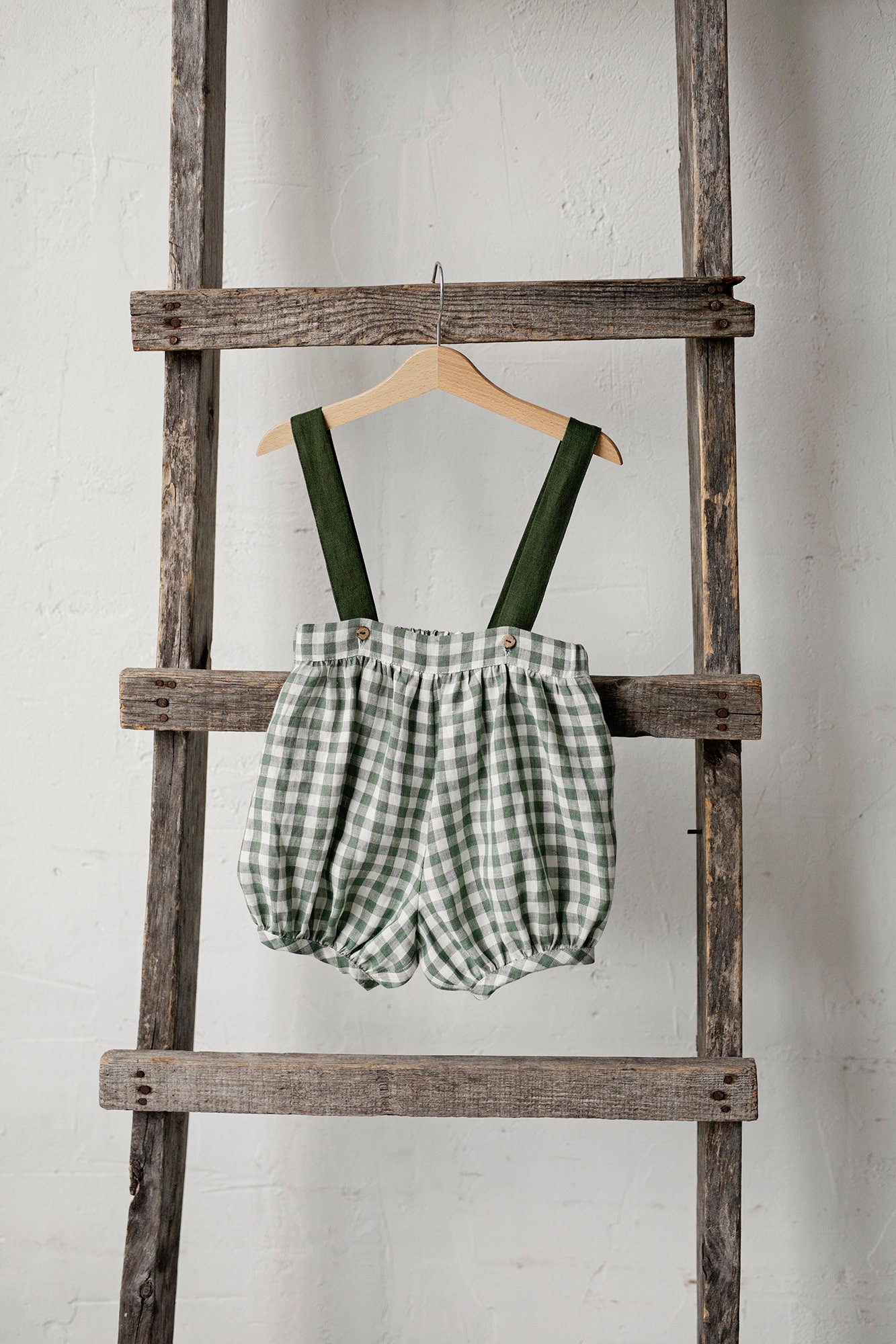 Farm &amp; Forest Green Autumn Linen Shorts with Suspenders