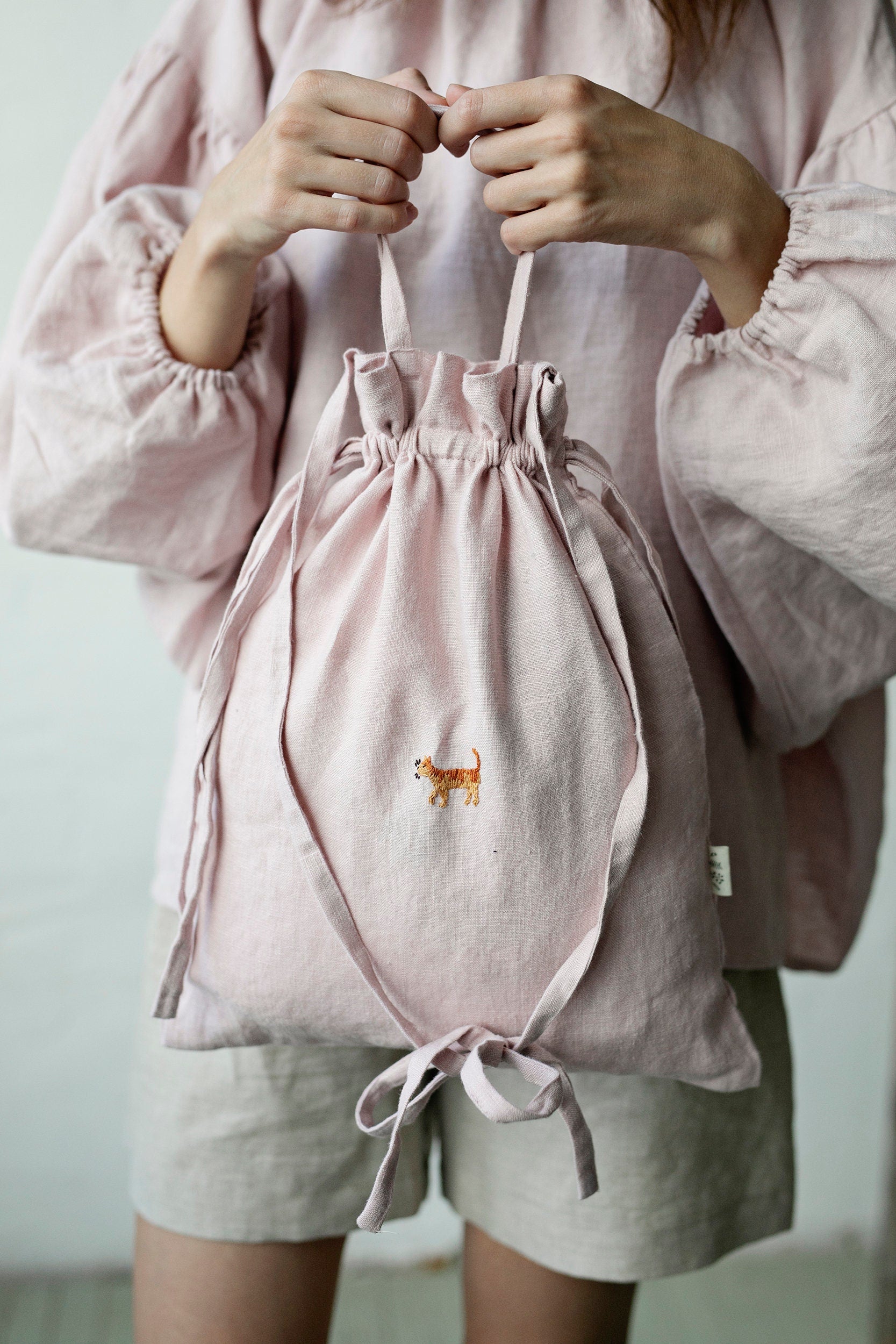 Kitten Crossbody Linen Bag with Handles