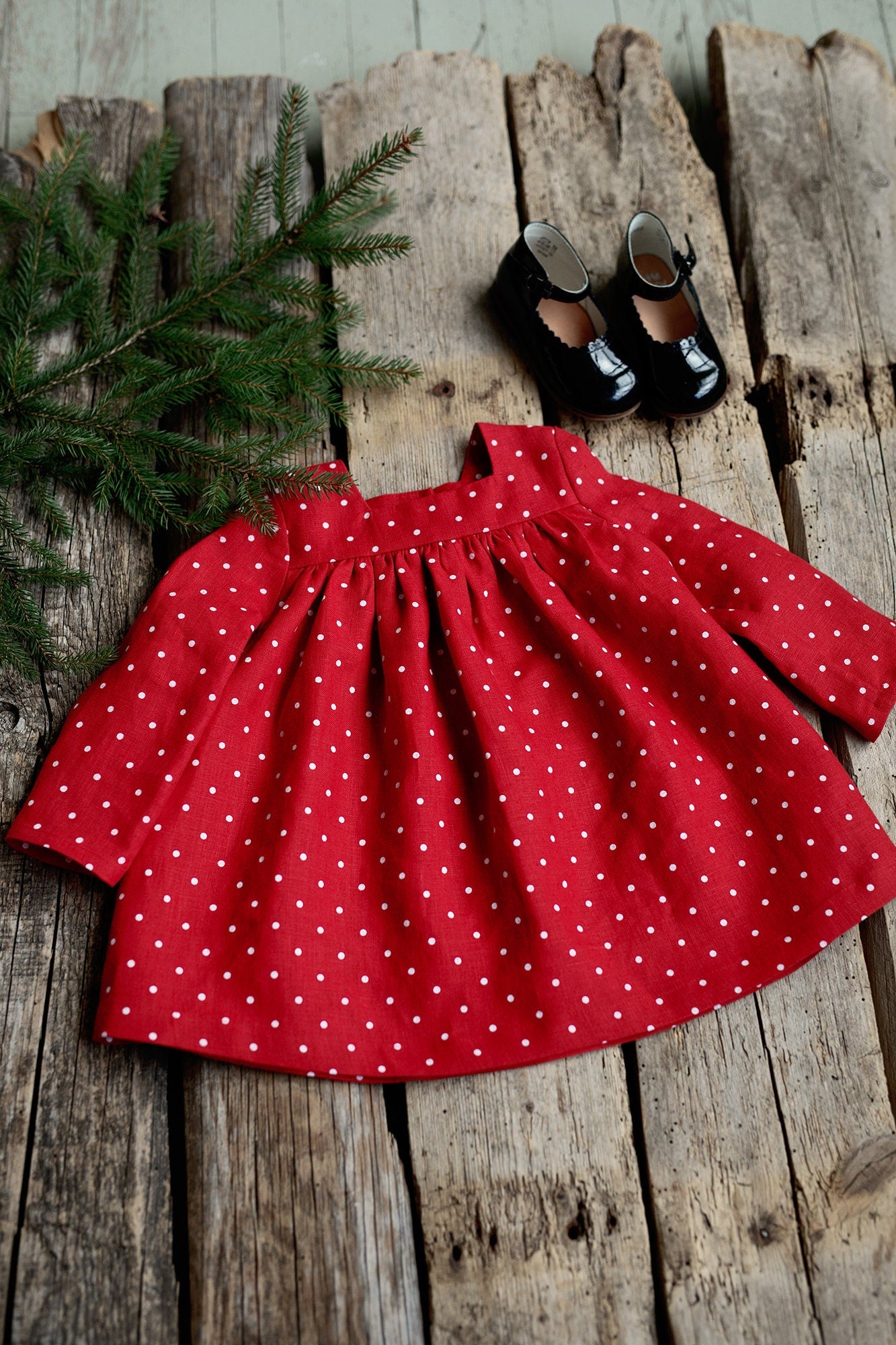 Red Polka Dot Festive Classic Linen Dress