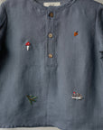 Dusty Blue Forest Long Sleeve Button Linen Shirt
