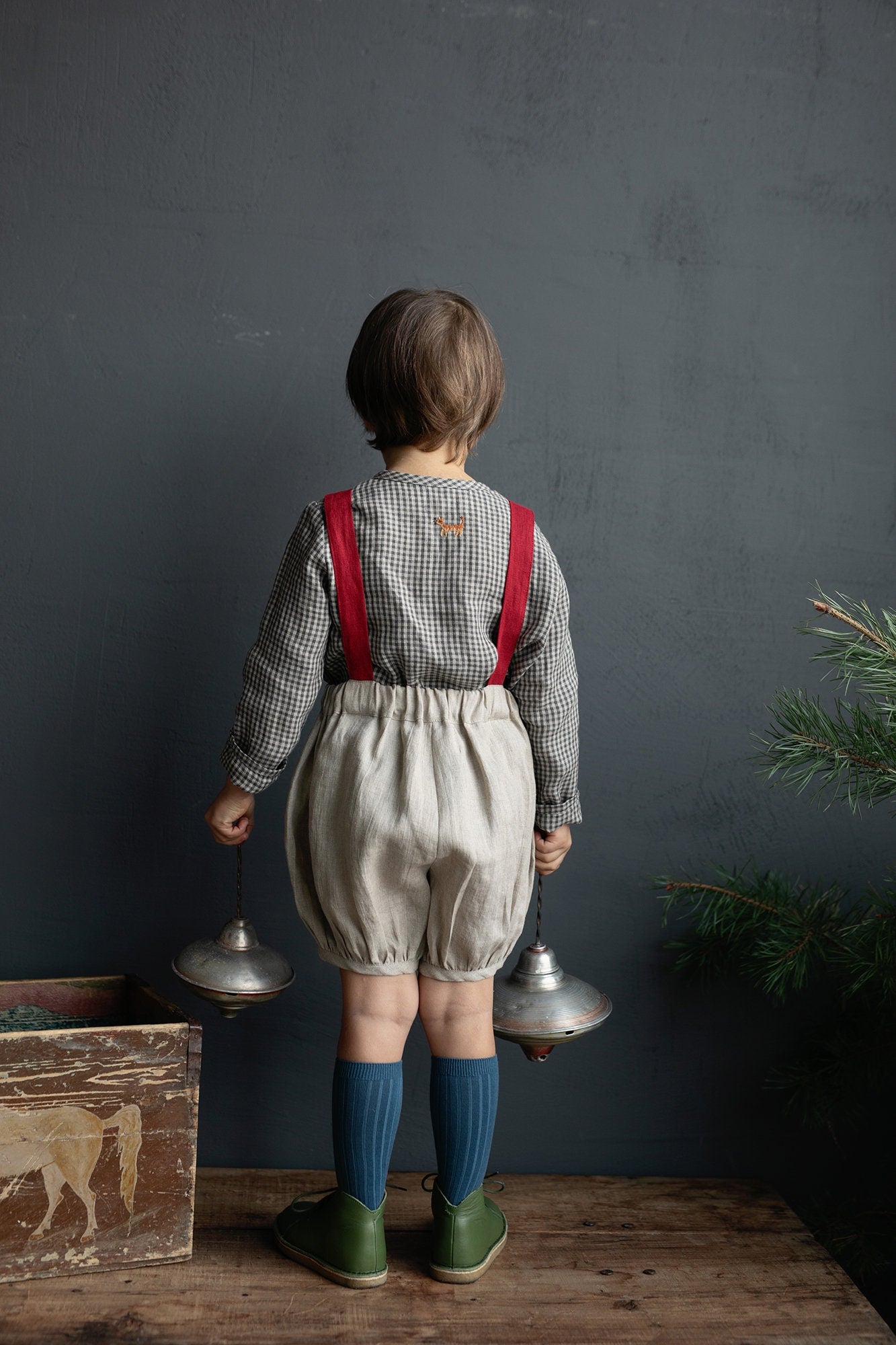 Natural &amp; Cherry Christmas  Linen Shorts with Suspenders