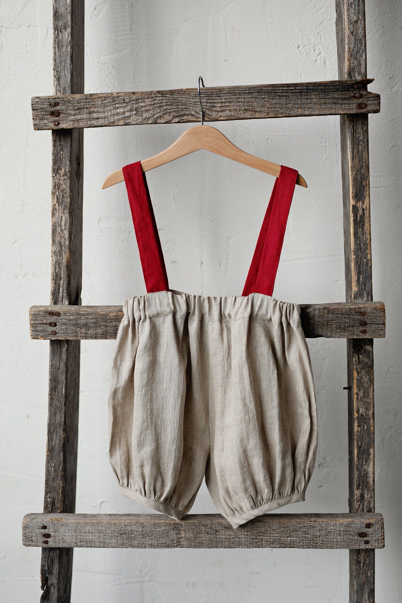 Natural &amp; Cherry Christmas  Linen Shorts with Suspenders