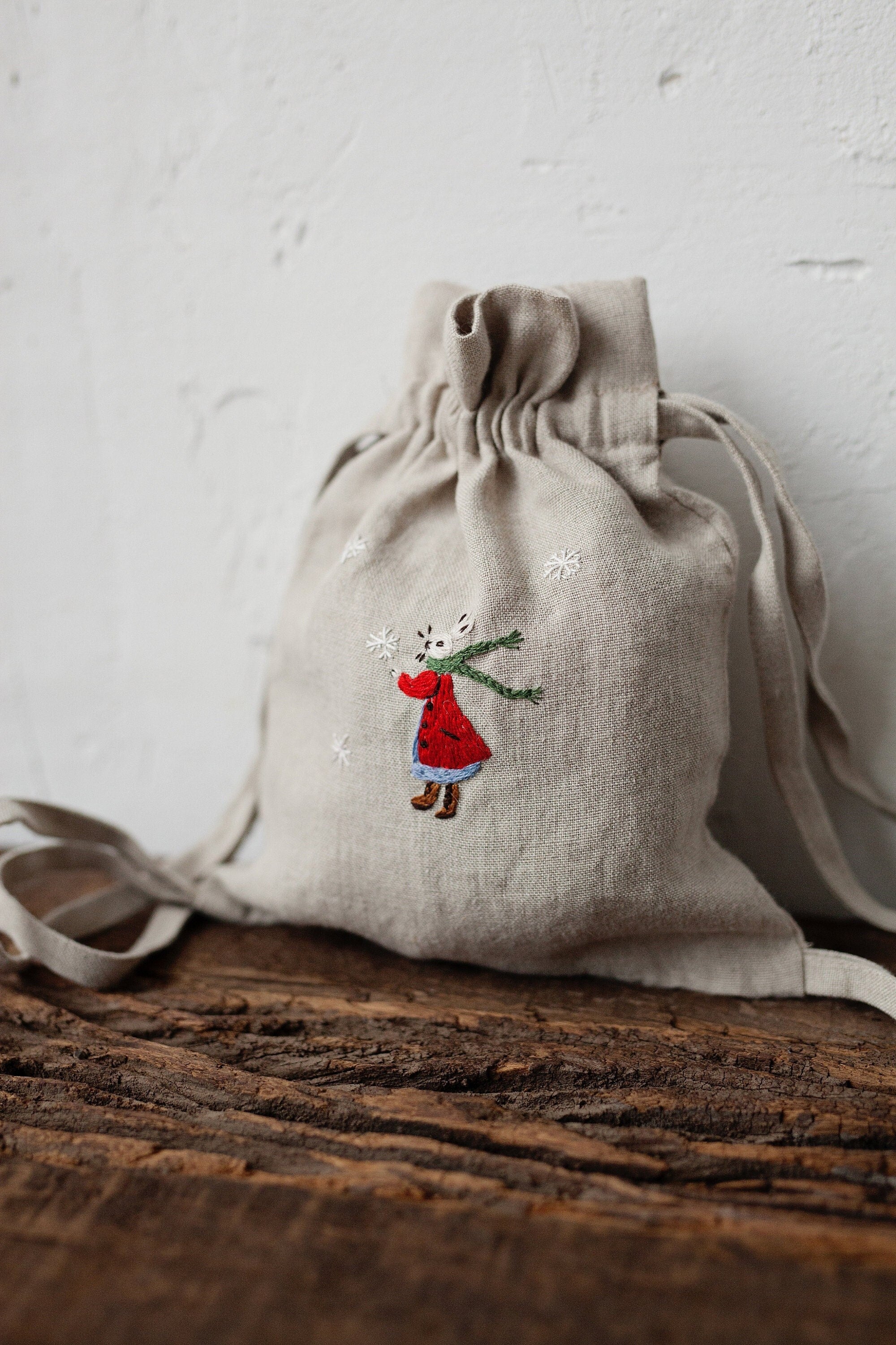 Christmas Rabbit Girl Pouch Linen Bag