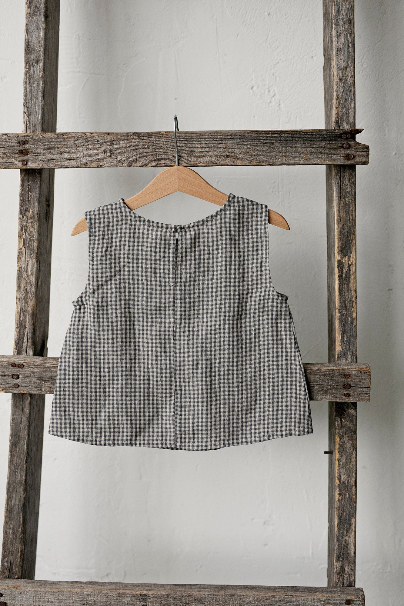Grey Gingham Sleeveless Linen Shirt
