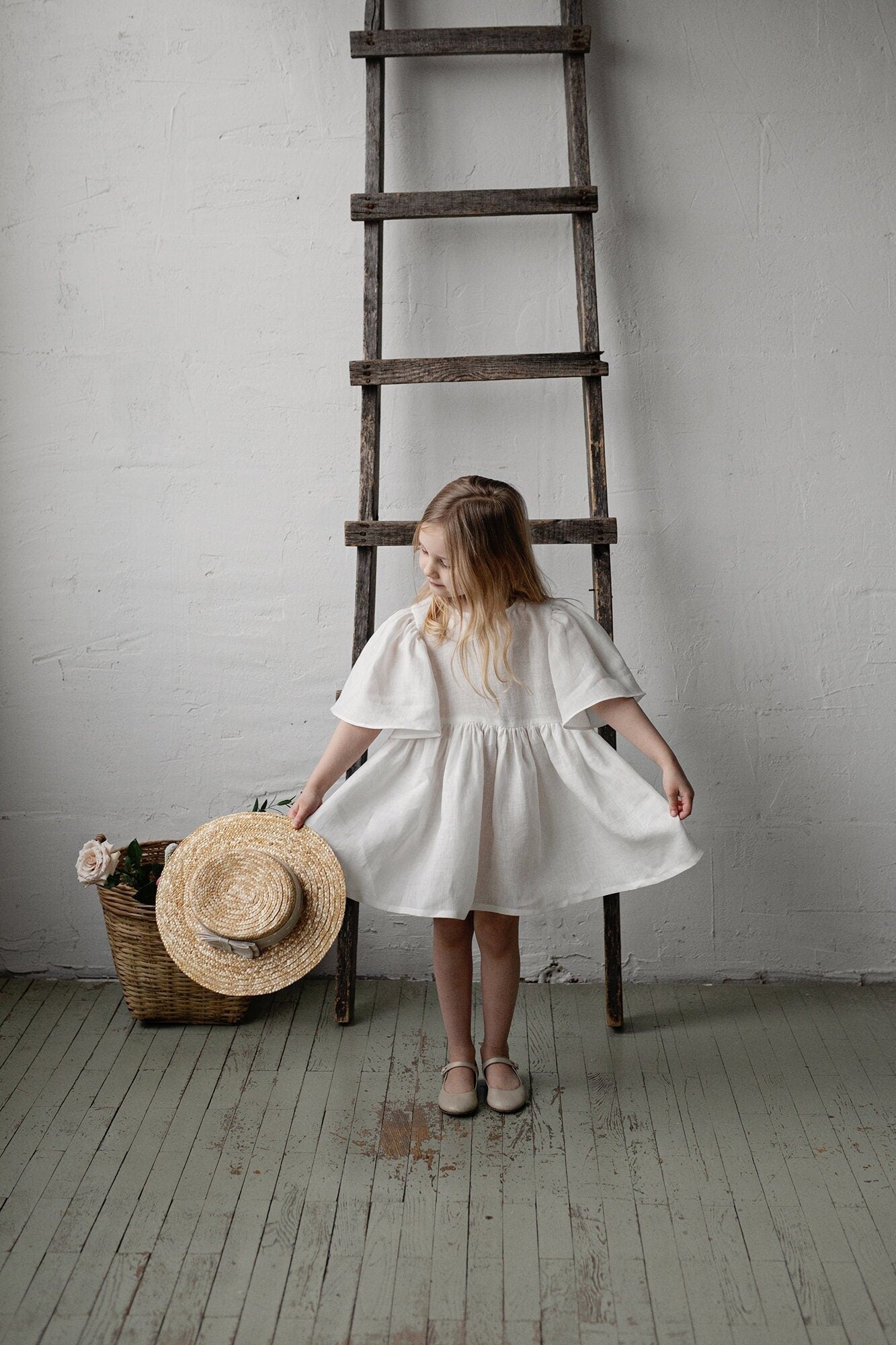 White Flower Linen Dress