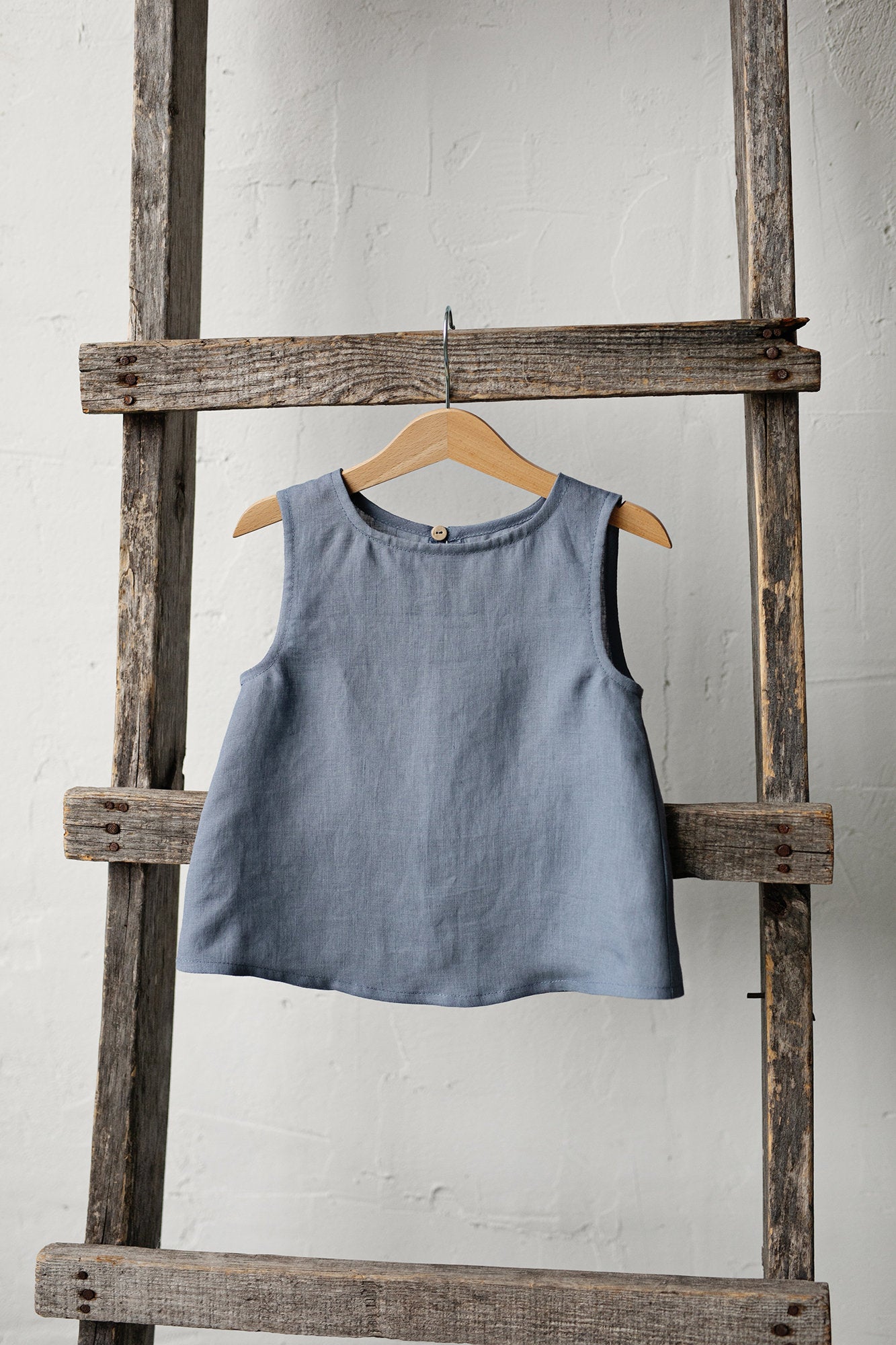 Dusty Blue Sleeveless Linen Shirt, Size 4-5 years