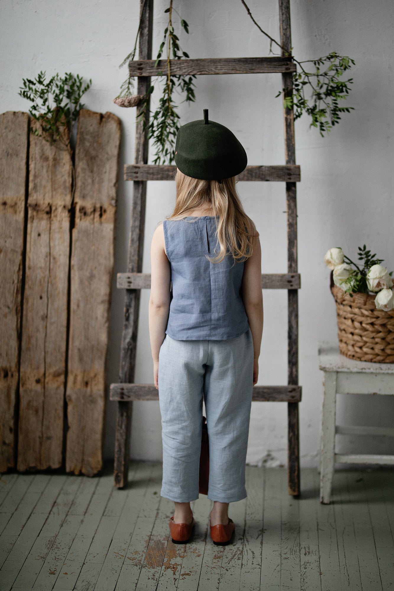 Dusty Blue Sleeveless Linen Shirt, Size 4-5 years