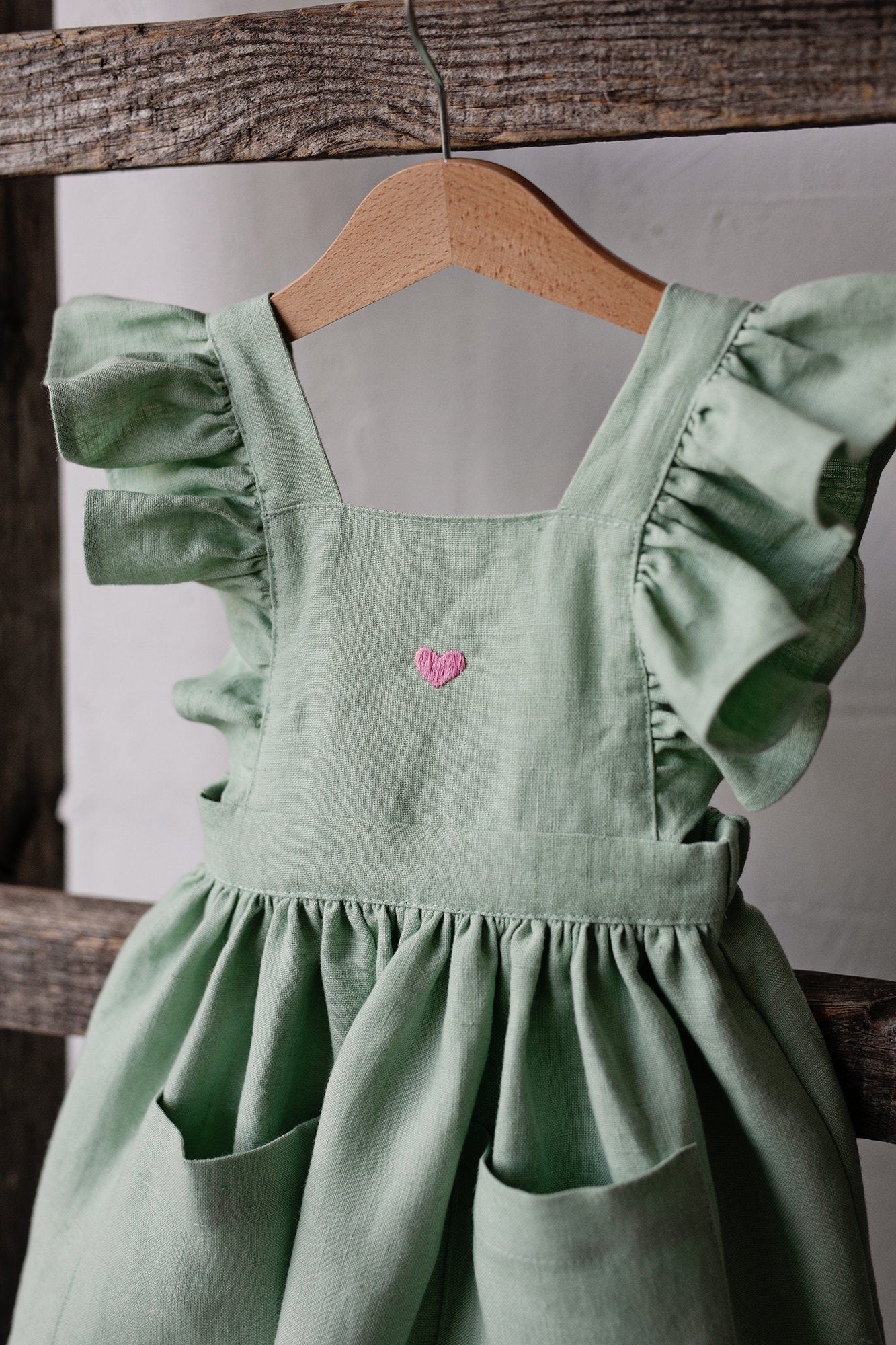 Green Tea Cross Back Linen Pinafore with Wings