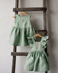 Green Tea Cross Back Linen Pinafore with Wings