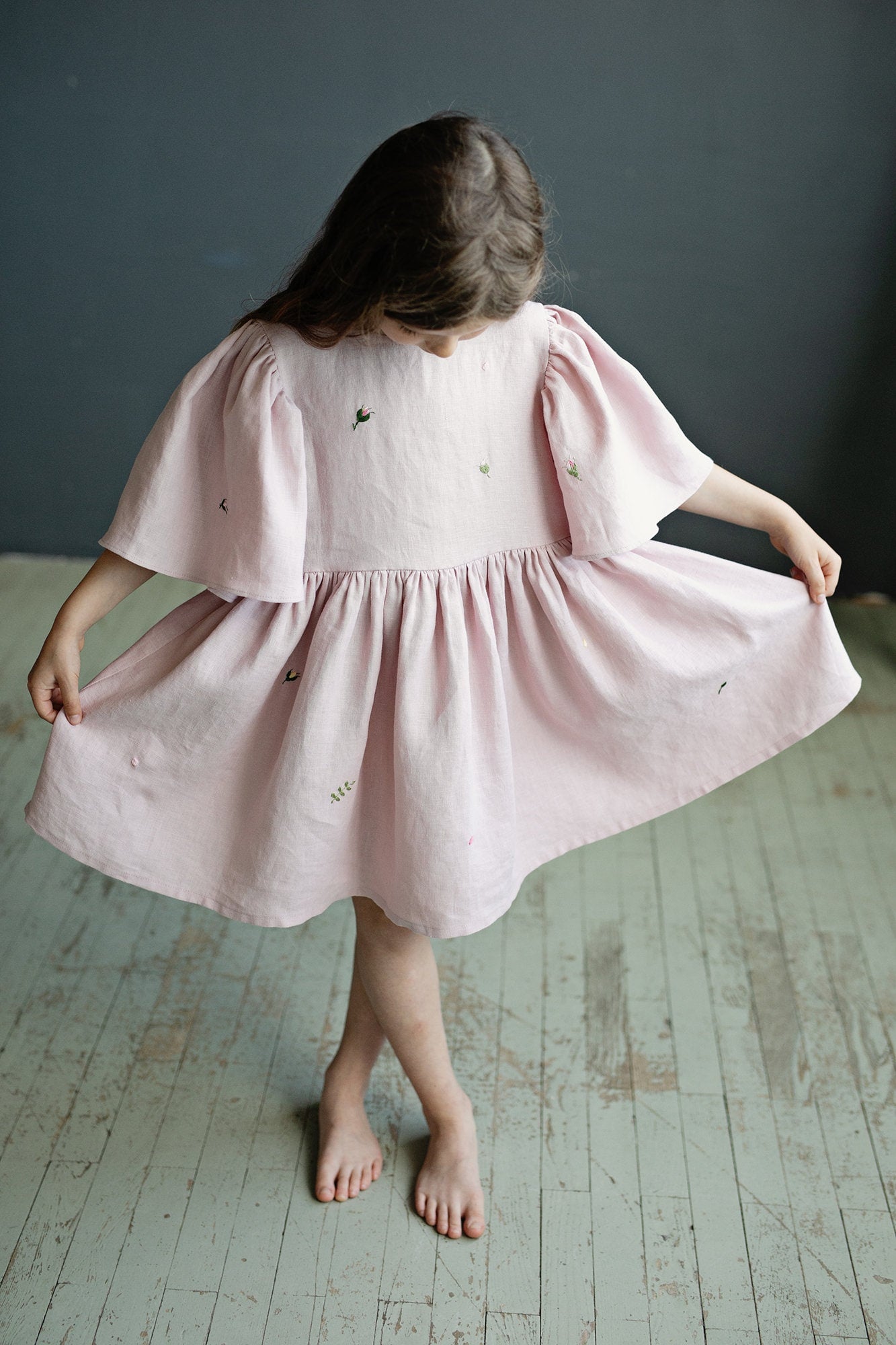 Baby Pink Exclusive Flower Linen Dress
