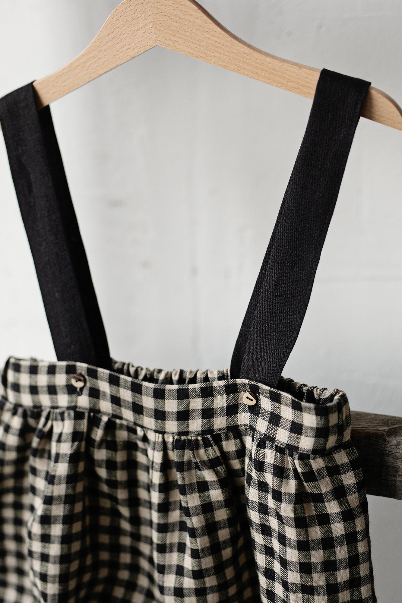 Black Gingham Autumn Linen Shorts with Suspenders