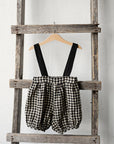Black Gingham Autumn Linen Shorts with Suspenders