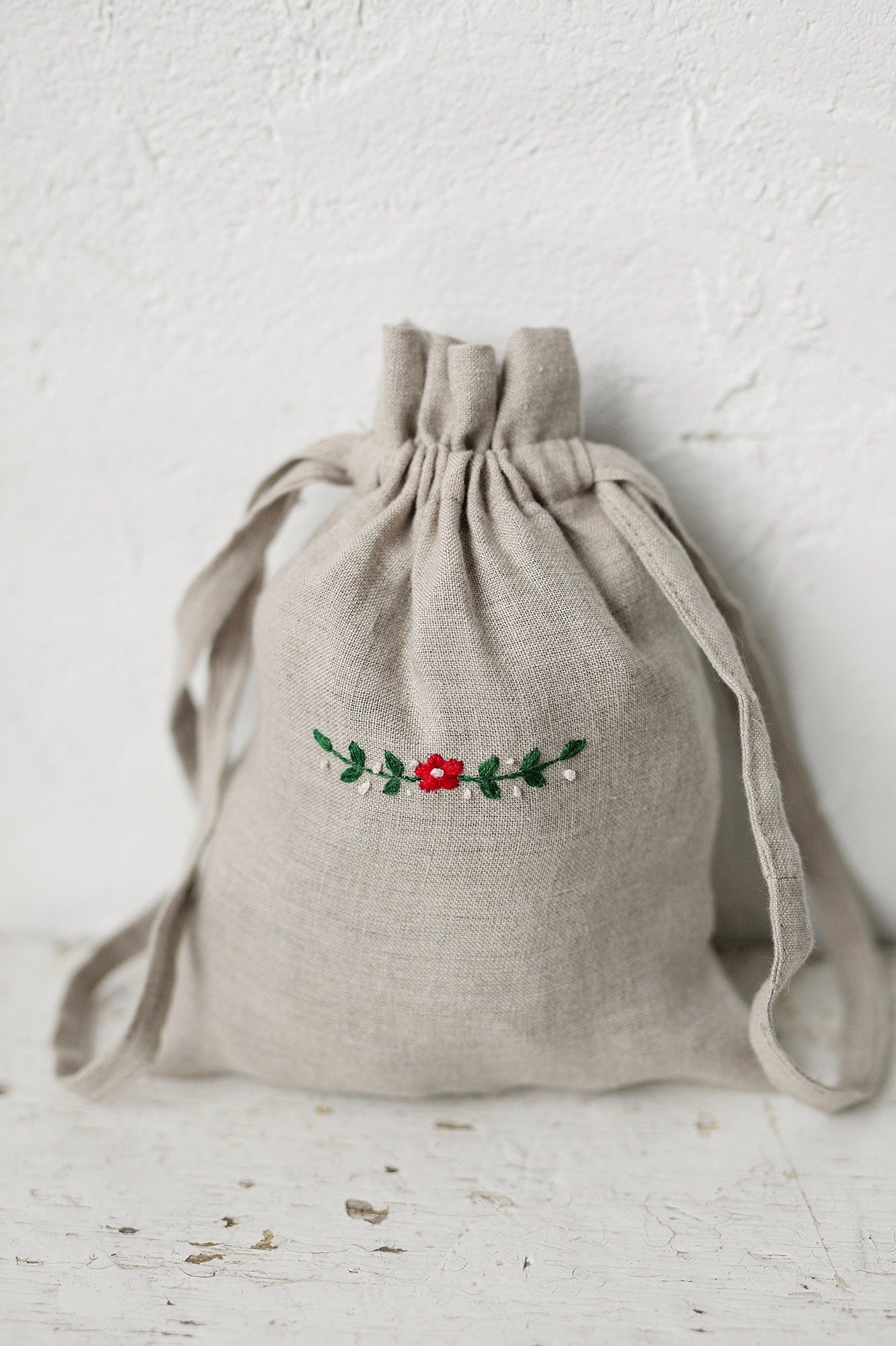 Red Flower Pouch Linen Bag