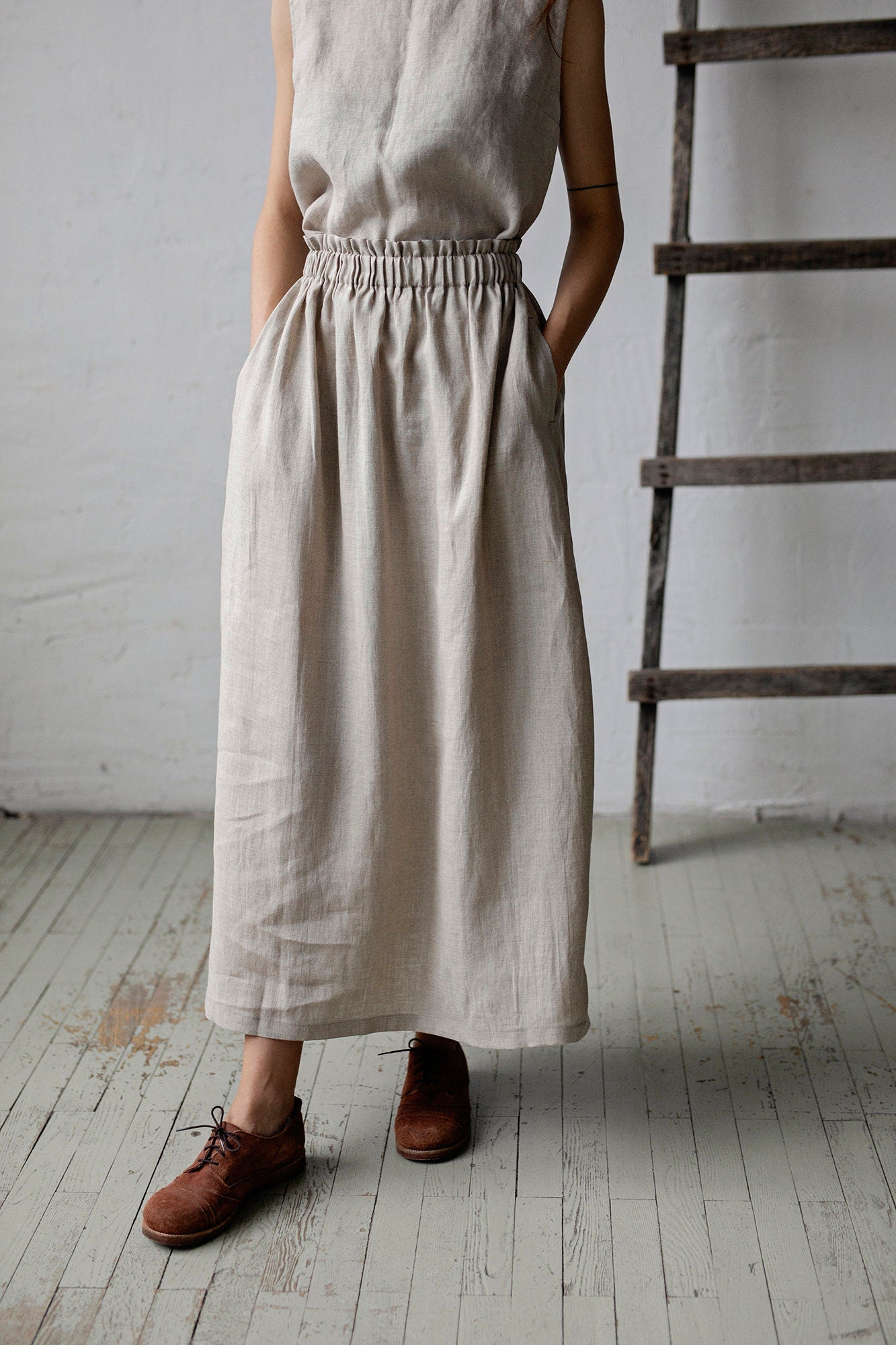 Natural Classic Long Linen Skirt