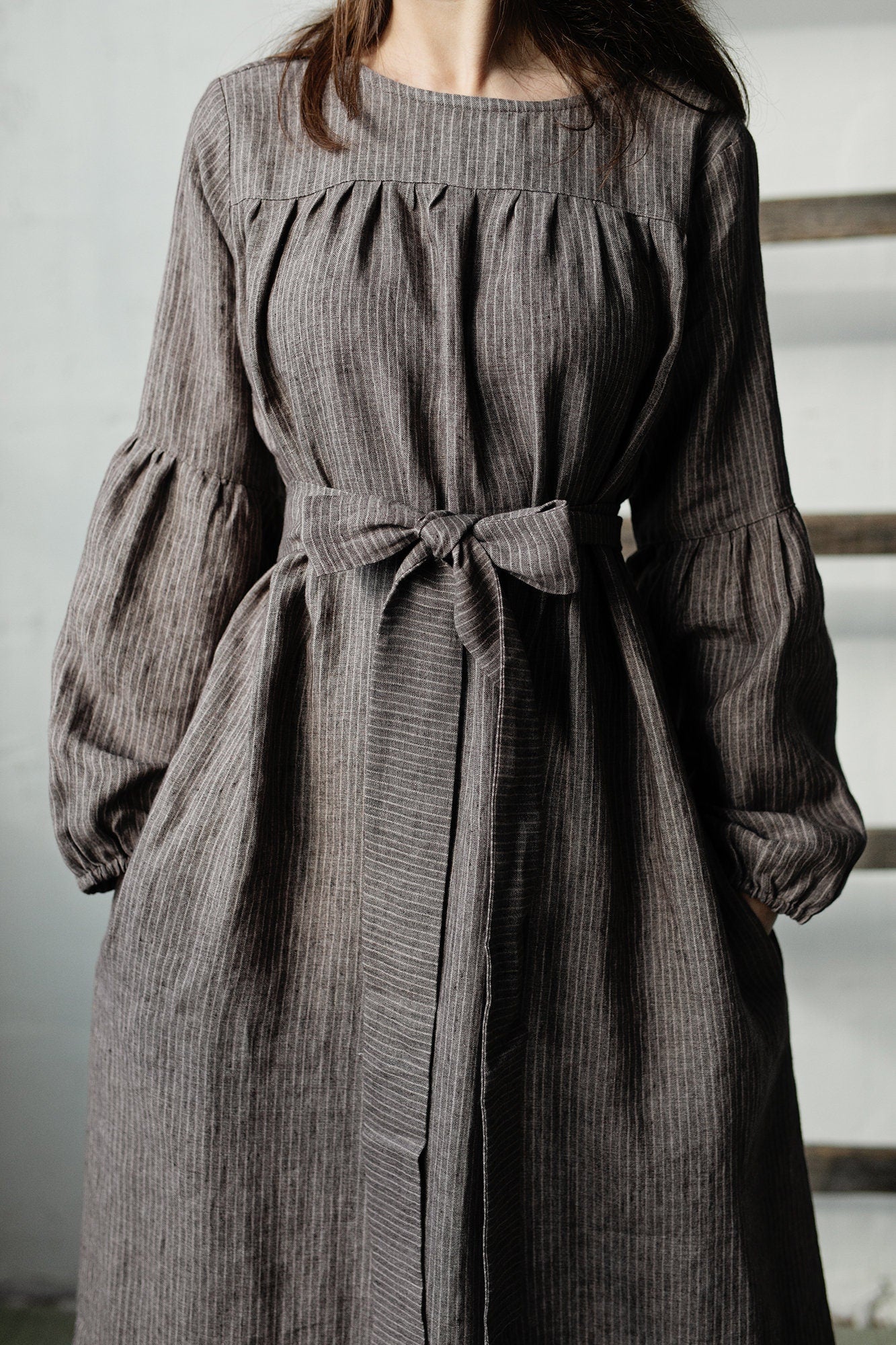 Brown Stripe Victorian Linen Dress