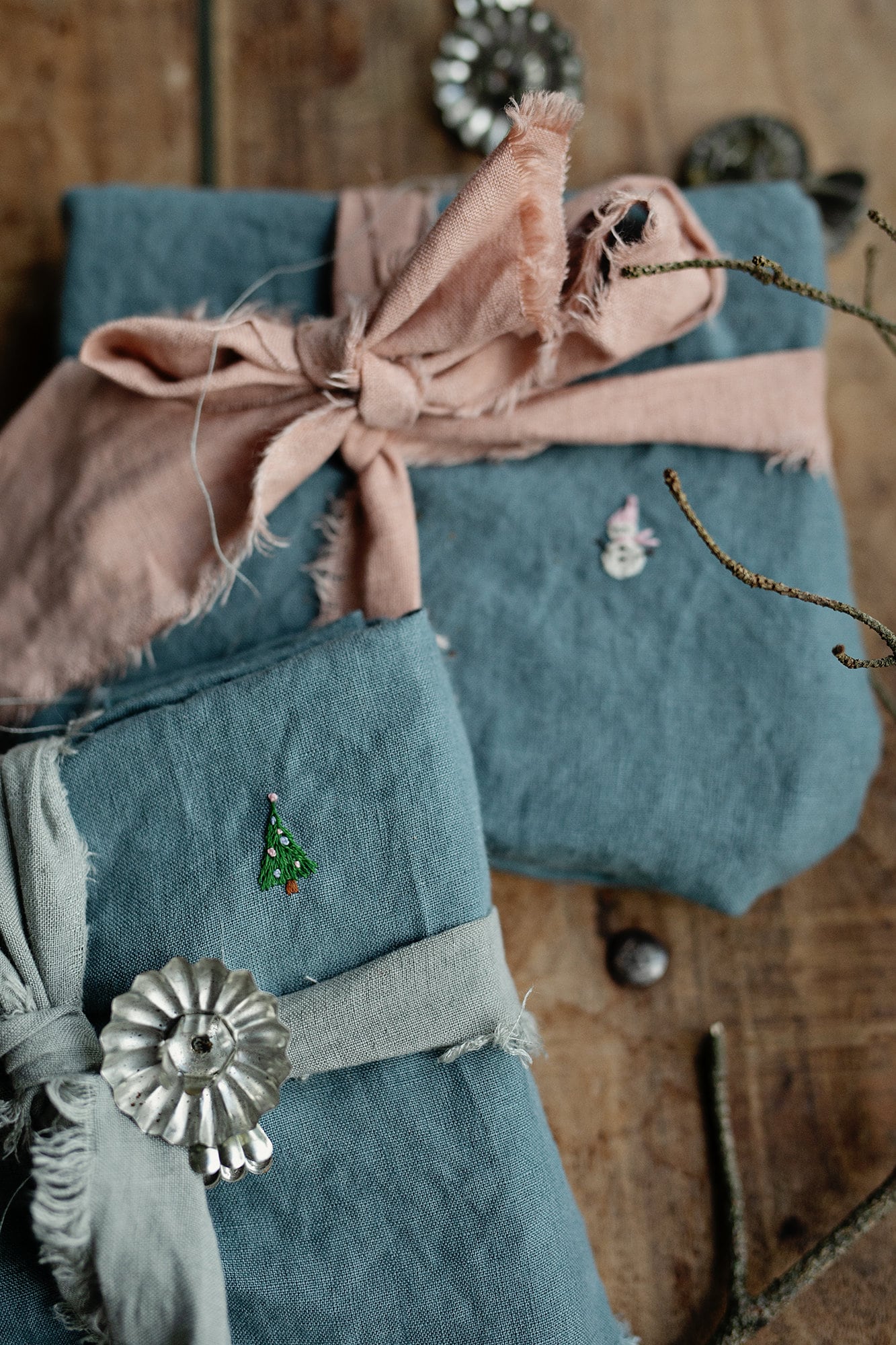 Set of 2 Petrol Blue Linen Tea Towel Gift Wrap