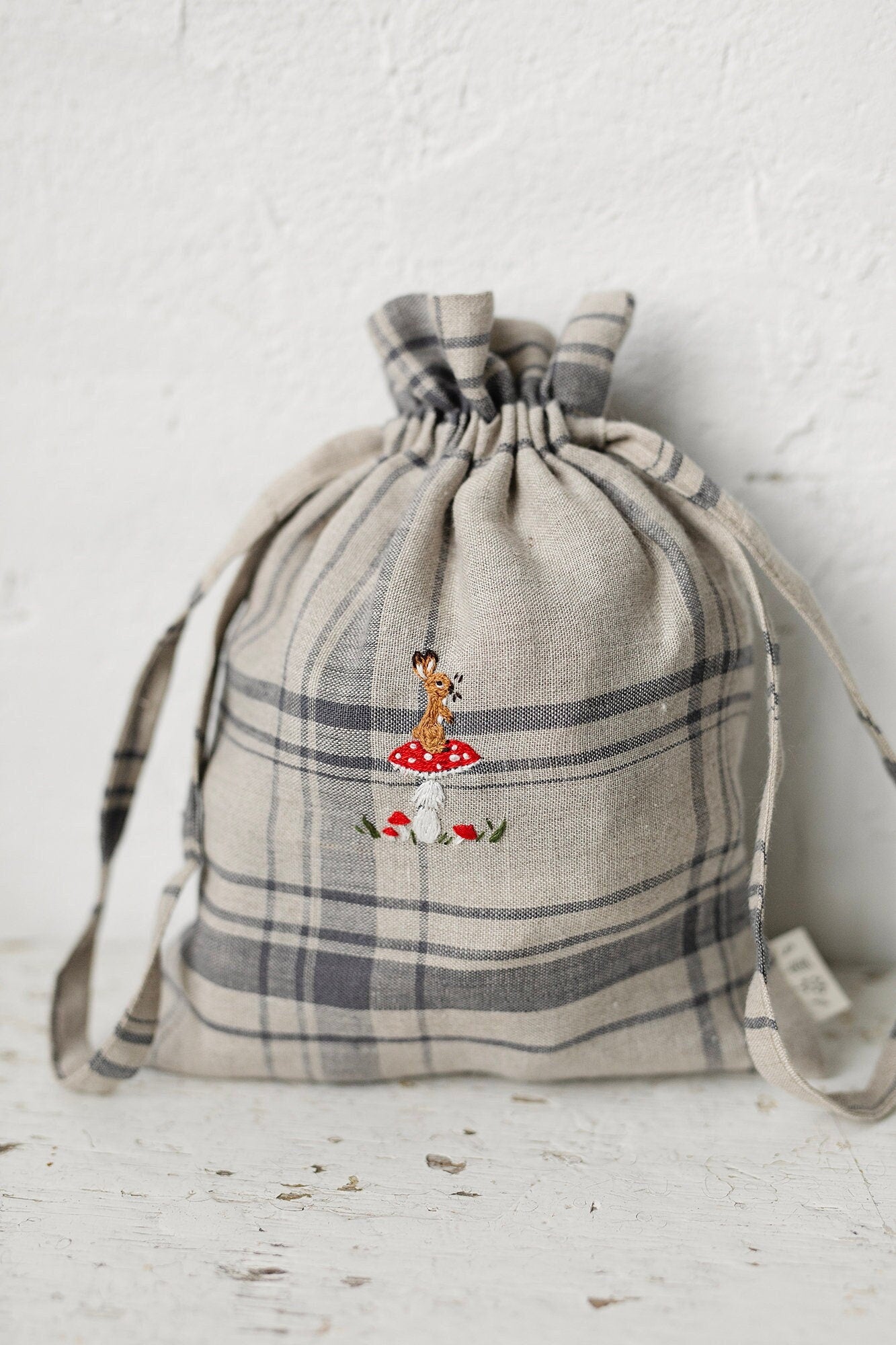 Rabbit on Mushrooms Festive Pouch Linen Bag