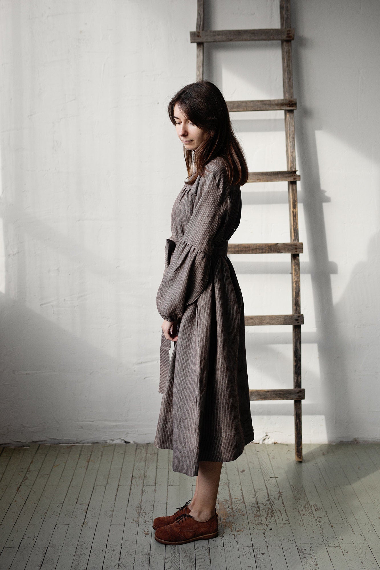 Brown Stripe Victorian Linen Dress allthebeautifullinen Brown Stripe Victorian Linen Dress allthebeautifullinen