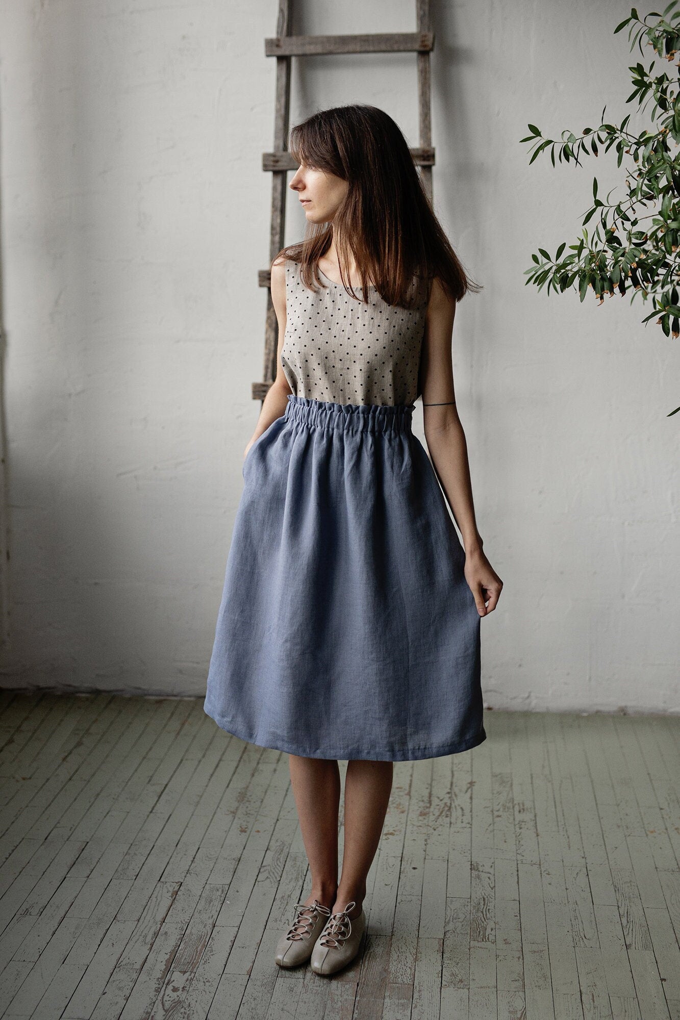 Dusty Blue Classic Midi Linen Skirt