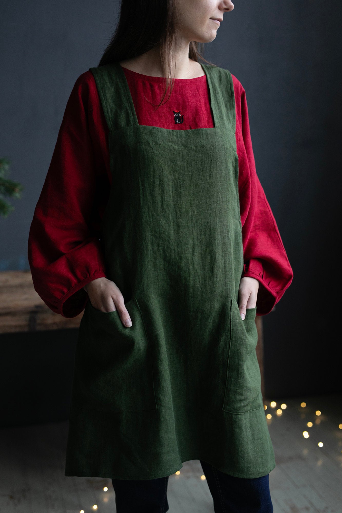 Forest Green Japanese Linen Apron allthebeautifullinen Forest Green Japanese Linen Apron allthebeautifullinen